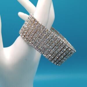 Vintage Clear Rhinestone Silver Tone 1 Inch Wide Stretch Bracelet, 6 to 8 Inches